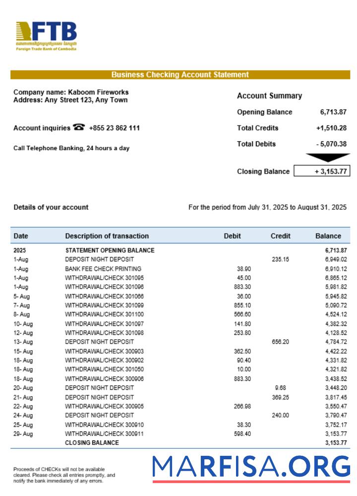 Blank Foreign Trade Bank of Cambodian business bank statement Word and PDF format sample